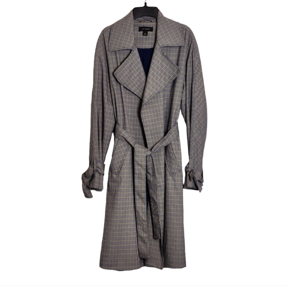 Halogen Gray and Blue Plaid Belted Trench Coat, Size XS